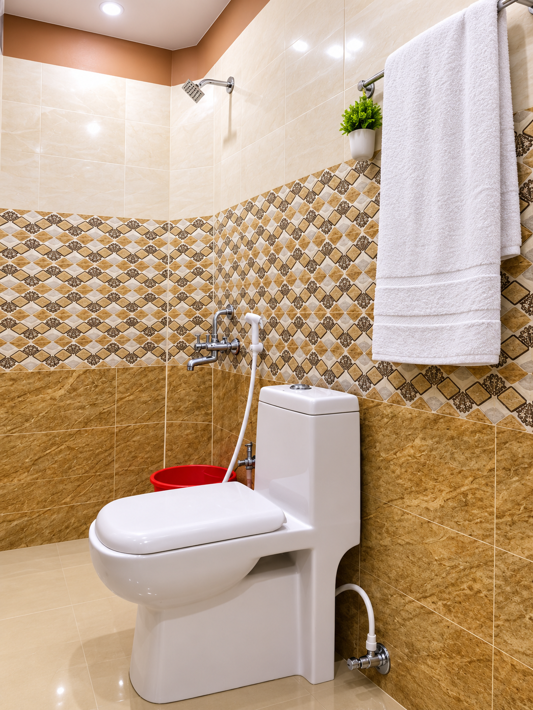 Attached modern bathroom with western commode and hot water shower
